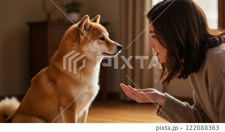 愛犬の柴犬と遊ぶ若い女性 愛犬の柴犬と遊ぶ若い女性 122088363