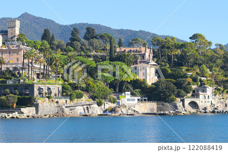 Santa Margherita, Italy - November 13, 2024. View of sea. Tourism and recreation. Ecologically clean nature. Traditional old buildings. Historical center. 122088419