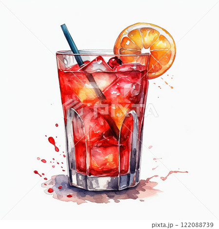 Watercolor lemonade with orange on white background. Botanical clipart with citrus fruits for design 122088739
