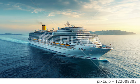 A magnificent cruise ship sails gracefully through the tranquil Eastern Mediterranean Sea, its deck filled with joyful pilgrims. Generative AI 122088885