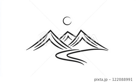 A sleek and simplistic logo design featuring a single continuous line forming a mountain pass. Generative AI 122088991