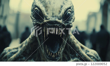 A striking portrait of an alien attempting to blend in as a human, its disguise slipping with a wide-open mouth, revealing otherworldly features beneath the facade. Generative AI 122089052