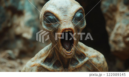 A striking portrait of an alien attempting to blend in as a human, its disguise slipping with a wide-open mouth, revealing otherworldly features beneath the facade. Generative AI A striking portrait of an alien attempting to blend in as a human, its disguise slipping with a wide-open mouth, revealing otherworldly features beneath the facade. Generative AI 122089145