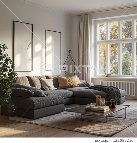 cozy living room with a gray sofa cozy living room with a gray sofa 122089210