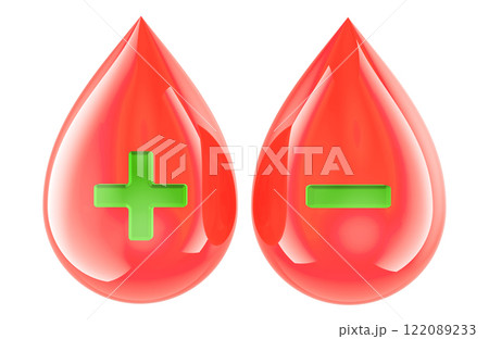 Rh blood group system, concept. Blood Drops with plus and minus signs. 3D rendering Rh blood group system, concept. Blood Drops with plus and minus signs. 3D rendering 122089233