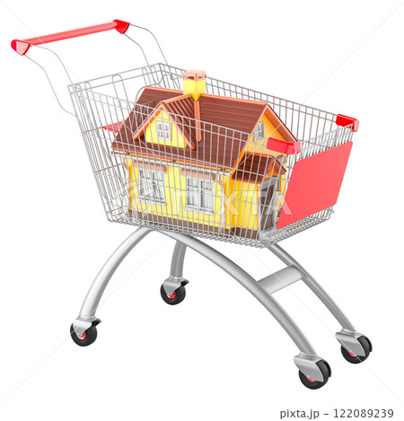 Shopping cart with home, 3D rendering 122089239