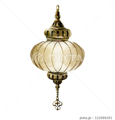 Lantern. Arabic style golden lamp. Watercolor hand painted isolated illustration for greeting card, invitation of Ramadan Kareem, Muslim holiday, Eid Mubarak, Eid Al Fitr, Eid Al Adha, islamic design Lantern. Arabic style golden lamp. Watercolor hand painted isolated illustration for greeting card, invitation of Ramadan Kareem, Muslim holiday, Eid Mubarak, Eid Al Fitr, Eid Al Adha, islamic design 122089281