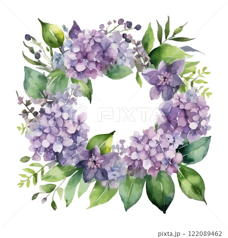 Watercolor round frame lilac, symbol of love, wedding, purity, vector illustration. 122089462