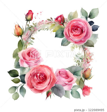 Watercolor roses round frame flowers with gold, symbol of love, wedding, purity, vector illustration 122089495