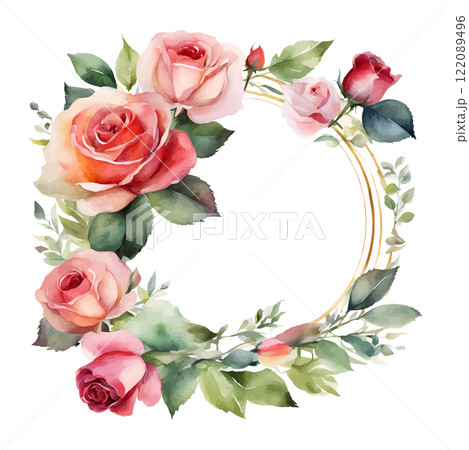 Watercolor roses round frame flowers with gold, symbol of love, wedding, purity, vector illustration 122089496