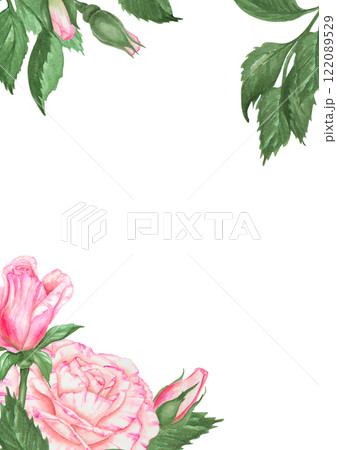 Elegant watercolor floral frame with pink roses and green leaves. Template with space for text, ideal for wedding invitations, Valentine s Day cards, spring holidays clipart, romantic designs. 122089529