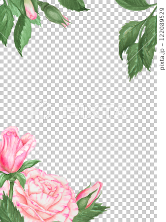 Elegant watercolor floral frame with pink roses and green leaves. Template with space for text, ideal for wedding invitations, Valentine s Day cards, spring holidays clipart, romantic designs. 122089529