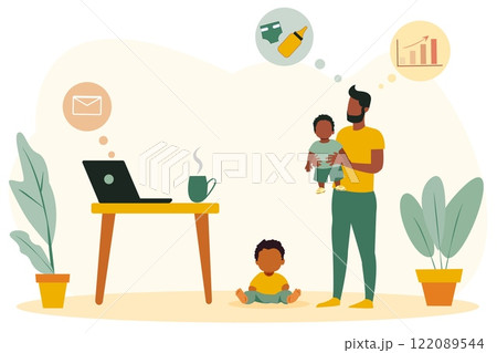 Father balancing remote work and childcare while on maternity leave at home with his children 122089544
