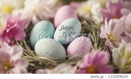 A nest of eggs with the words Happy Easter written on it. The nest is surrounded by flowers, creating a warm and festive atmosphere A nest of eggs with the words Happy Easter written on it. The nest is surrounded by flowers, creating a warm and festive atmosphere 122089620