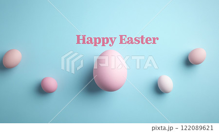 A blue background with a pink egg in the center and four other eggs surrounding it. The image is titled "Happy Easter" A blue background with a pink egg in the center and four other eggs surrounding it. The image is titled "Happy Easter" 122089621