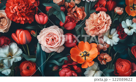 A colorful bouquet of flowers with a mix of reds, pinks, and whites. The flowers are arranged in a way that creates a sense of depth and dimension. Scene is cheerful and vibrant A colorful bouquet of flowers with a mix of reds, pinks, and whites. The flowers are arranged in a way that creates a sense of depth and dimension. Scene is cheerful and vibrant 122089622