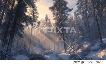 Russia A snowy forest with a beautiful sunset in the background. The sky is filled with clouds, and the sun is setting behind the trees. The scene is peaceful and serene, with the snow-covered ground 122089653