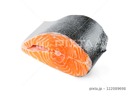 Fresh raw salmon or trout steak, fillet isolated on white background, seafood, food ingredient 122089698