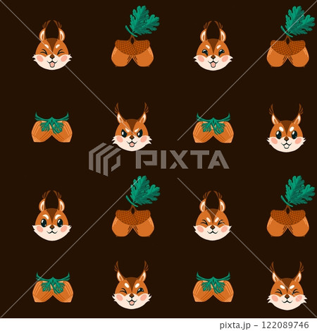 Seamless drawing pattern with squirrel, acorn and hazelnut. 122089746