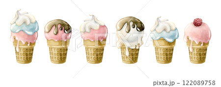 Cute ice cream waffle cup set. Watercolor hand painted food illustration isolated on white background for kids birthday, baby shower party, nursery decor, children clothes fabric, delicious textile 122089758