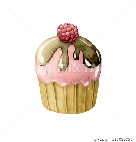 Cute cupcake with pink cream, chocolate and raspberry. Watercolor hand painted food illustration isolated on white background for kids birthday, baby shower party, nursery clothes fabric, textile Cute cupcake with pink cream, chocolate and raspberry. Watercolor hand painted food illustration isolated on white background for kids birthday, baby shower party, nursery clothes fabric, textile 122089759
