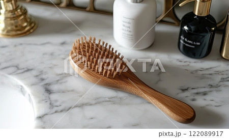 Wooden hairbrush placed on a marble countertop with bathroom essentials in the background. 122089917