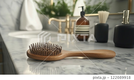 Wooden hairbrush placed on a marble countertop with bathroom essentials in the background. 122089918