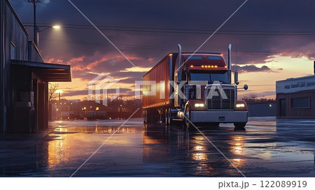 A red semi-truck parked at a warehouse under a vibrant twilight sky with reflective pavement. 122089919
