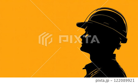 Silhouette of a construction worker wearing a hard hat, captured against a dark background. 122089921