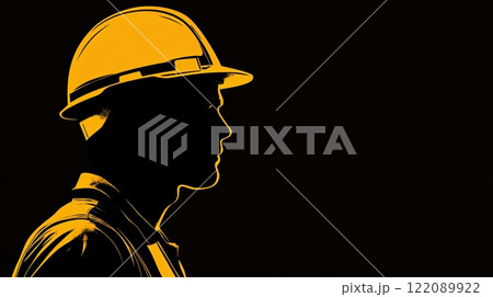 Silhouette of a construction worker wearing a hard hat, captured against a dark background. 122089922