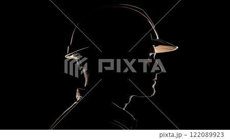 Silhouette of a construction worker wearing a hard hat, captured against a dark background. 122089923