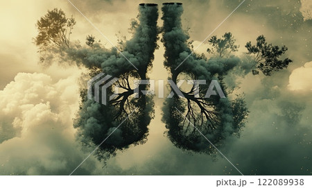 artwork depicting lungs made of smoke and trees, symbolizing environmental issues  122089938