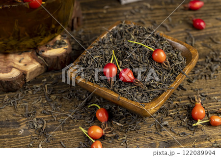 ingredients for making delicious tea with the addition of rose fruits 122089994