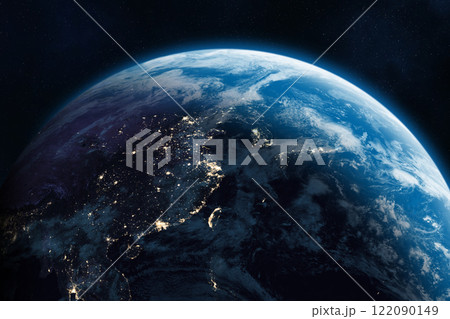 Earth from the space at night. Space banner template. East Asia. 122090149