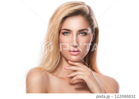 Portrait of beautiful blonde girl on white background Portrait of beautiful blonde girl on white background 122090832