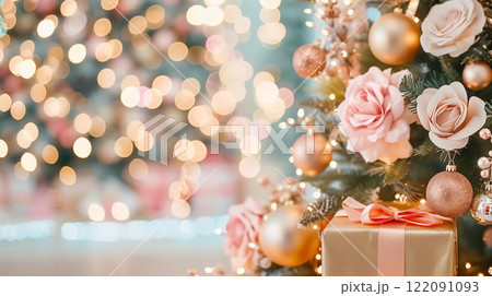 A Christmas tree decorated with pink roses, ornaments, and a gift, copy space 122091093