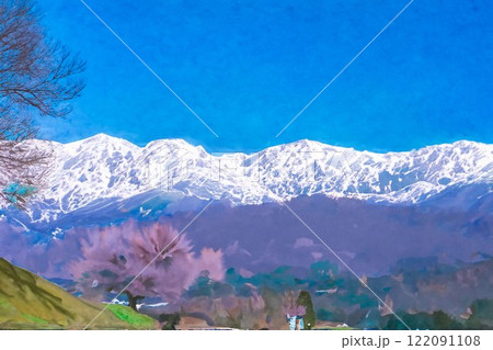 【桜素材】野平地区の一本桜と冠雪した北アルプス・イラスト調【長野県】 122091108