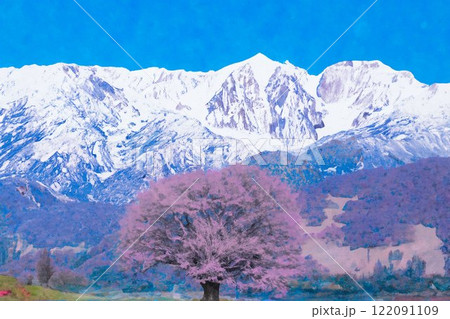 【桜素材】野平地区の一本桜と冠雪した北アルプス・イラスト調【長野県】 122091109