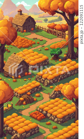 Farm and field, autumn season.mobile game asset. Game environment set, hay day, stardew valley style 122091115