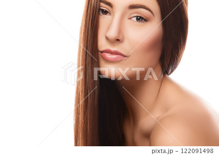 Brunette with straight hair on white background 122091498