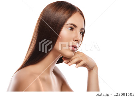 Brunette with straight hair on white background 122091503