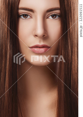Brunette with straight hair on white background Brunette with straight hair on white background 122091511