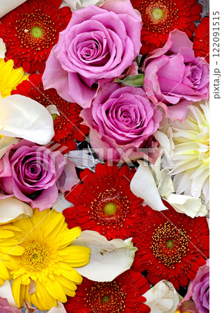 水に浮くカラフルな花を真俯瞰で撮影した背景素材用写真 水に浮くカラフルな花を真俯瞰で撮影した背景素材用写真 122091515