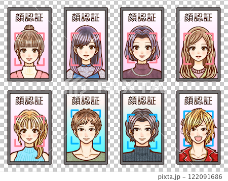 在螢幕上使用臉部辨識的成年男性和女性的插圖集 122091686