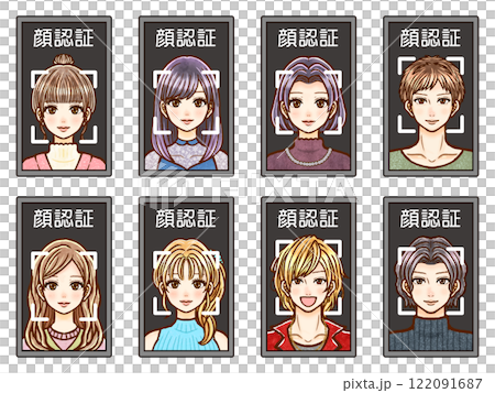 成年男性和女性在螢幕上使用臉部辨識的插圖集 2 122091687