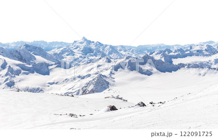 Panorama of winter mountains covered in snow isolated on white background 122091725