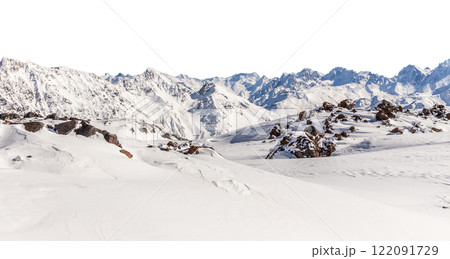 Panorama of winter mountains covered in snow isolated on white background 122091729