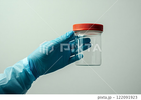 Doctor wearing blue gloves holding empty sample jar Doctor wearing blue gloves holding empty sample jar 122091923