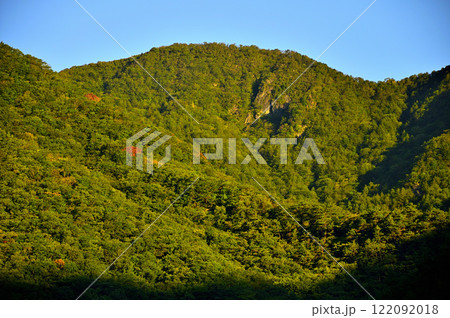 山梨県富士河口湖町　朝の根場から望む朝焼けの御坂山地　王岳 122092018