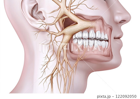 Trigeminal nerve branches showing teeth and gums in human anatomy 122092050